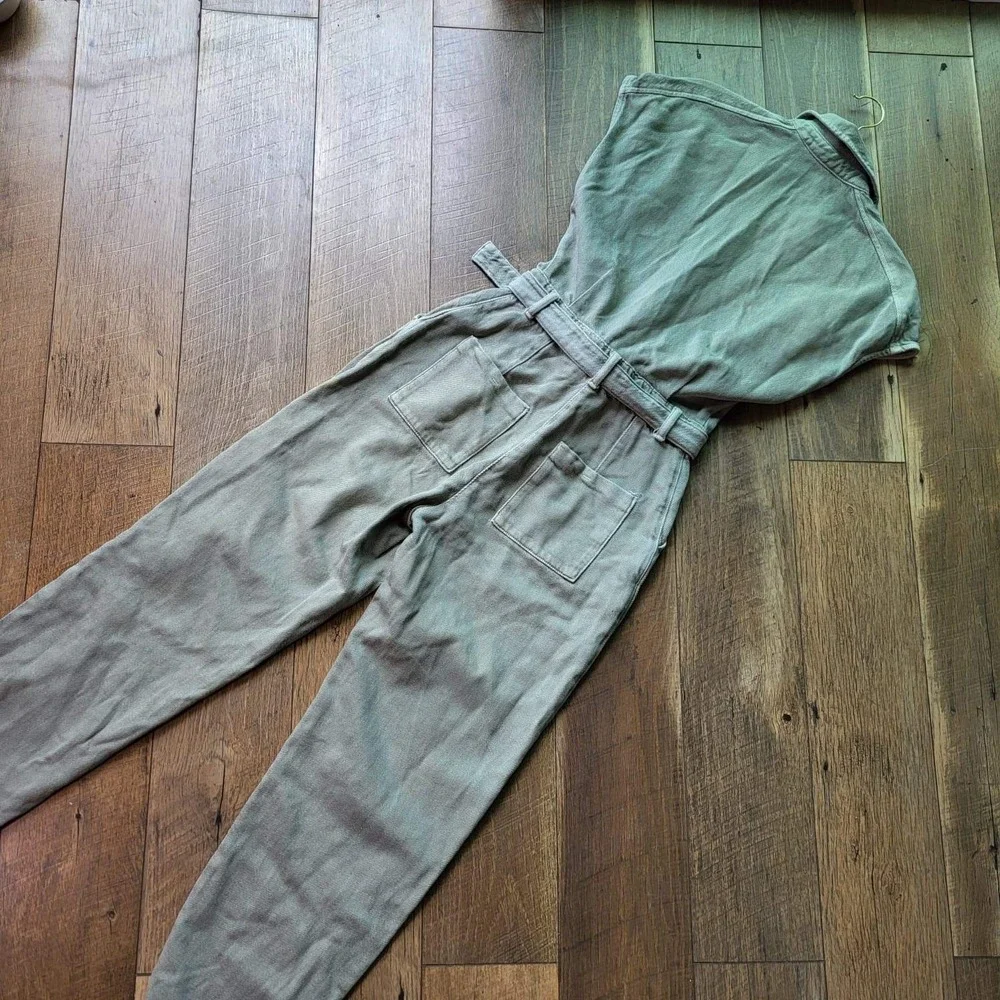 Zara Womens Sage Green Denim Belted Utility Jumpsuit Short Sleeve XS 1887/163